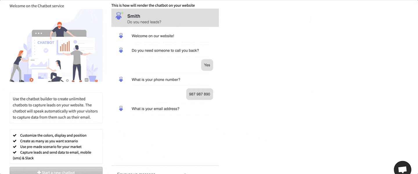 The Aries Leads chatbot builder beside a live preview of the qualification conversation it runs with a website visitor.
