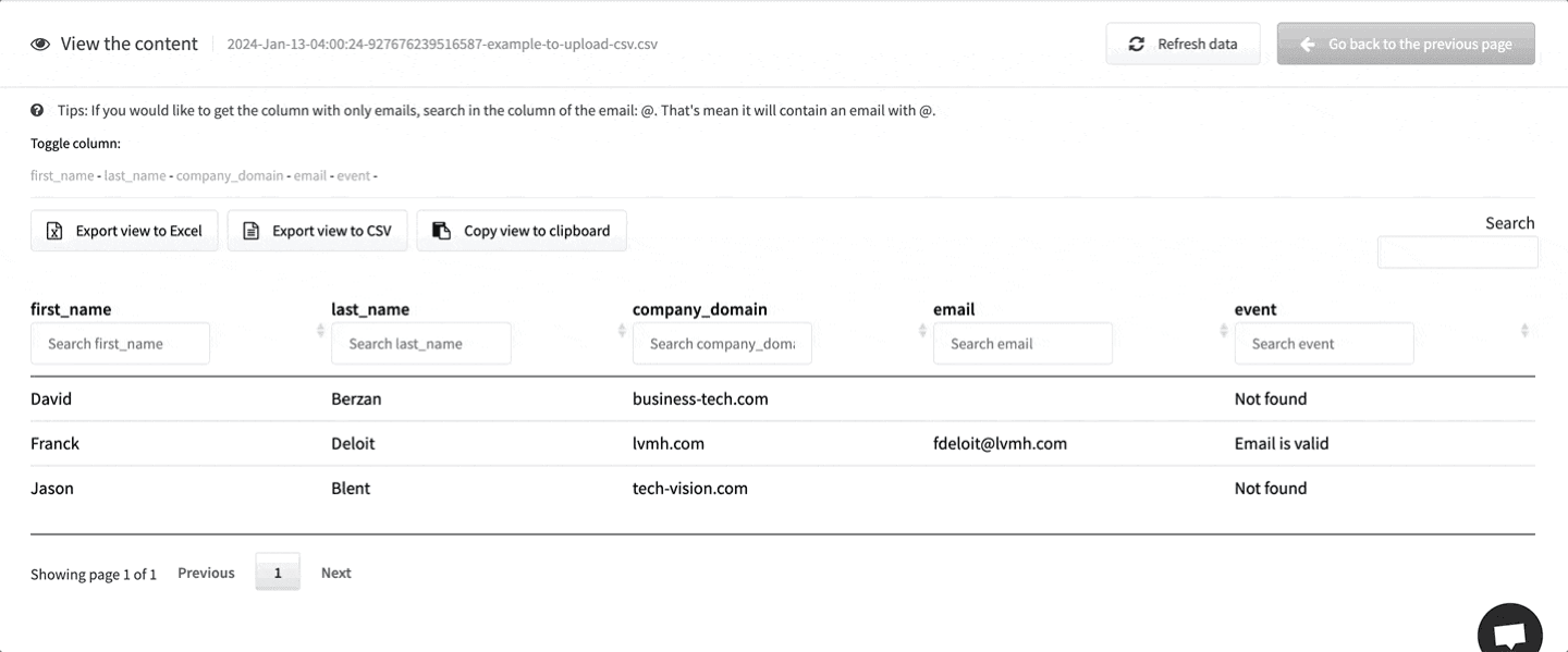 An Aries Leads enrichment result table with first name, last name, company domain and a validity status for each email address.